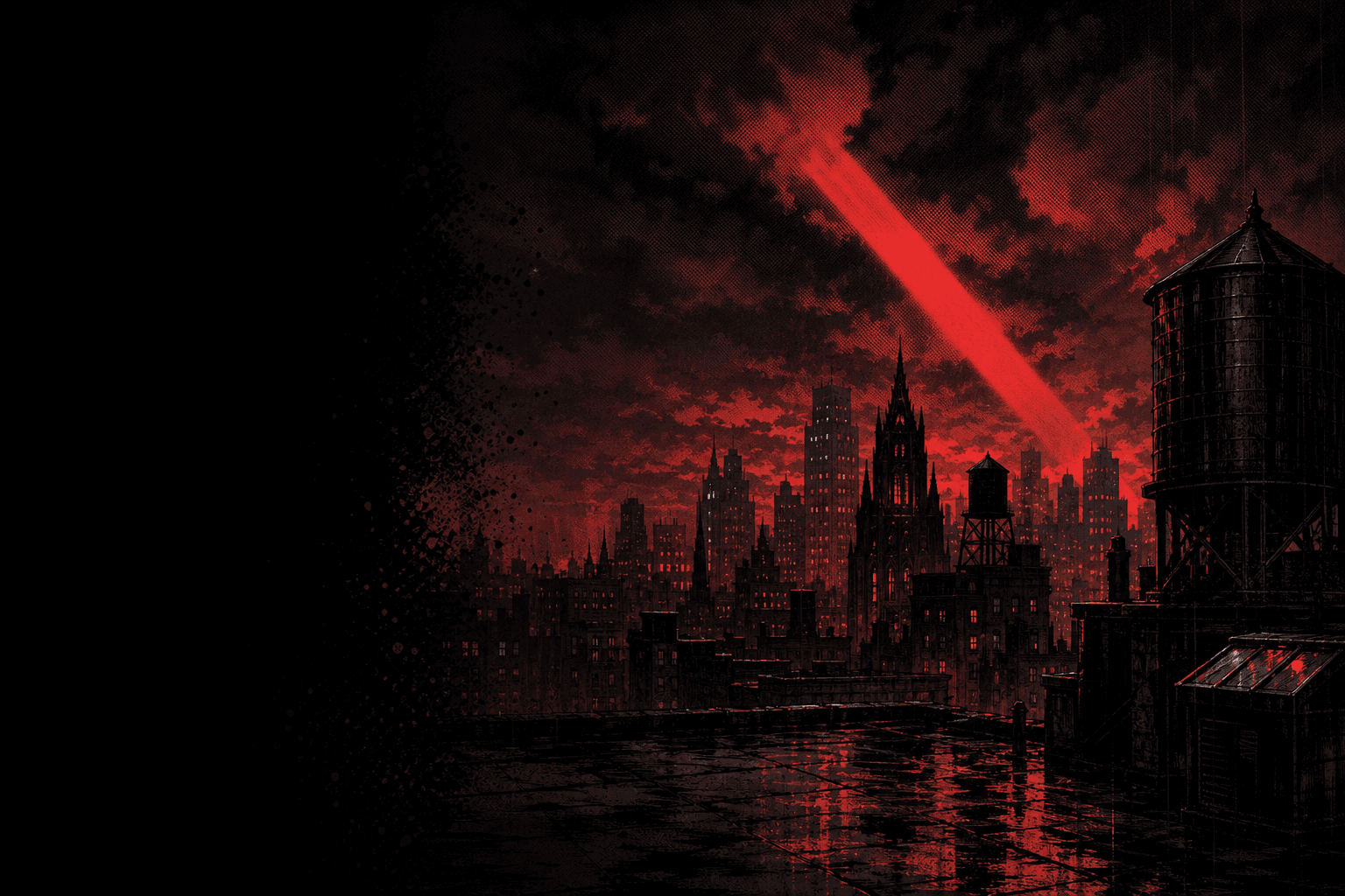 A red searchlight cutting across a rain-soaked noir skyline at night