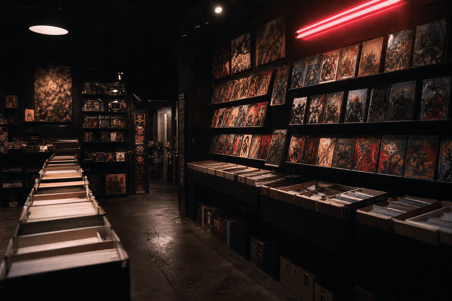The racks of Black Signal Comics under red neon